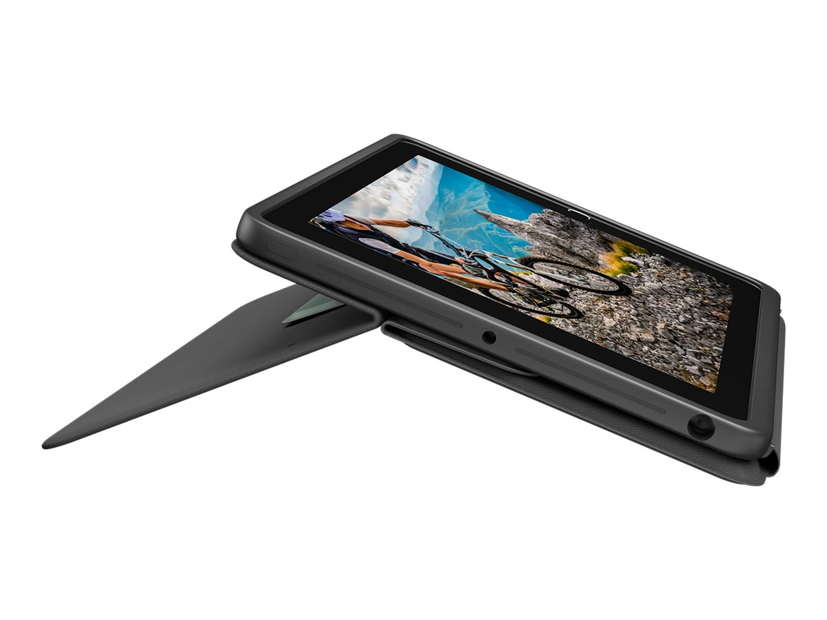 Ein Tablet in einer schwarzen Hülle, hochgestellt, um einen Radfahrer in Aktion auf dem Bildschirm zu zeigen.