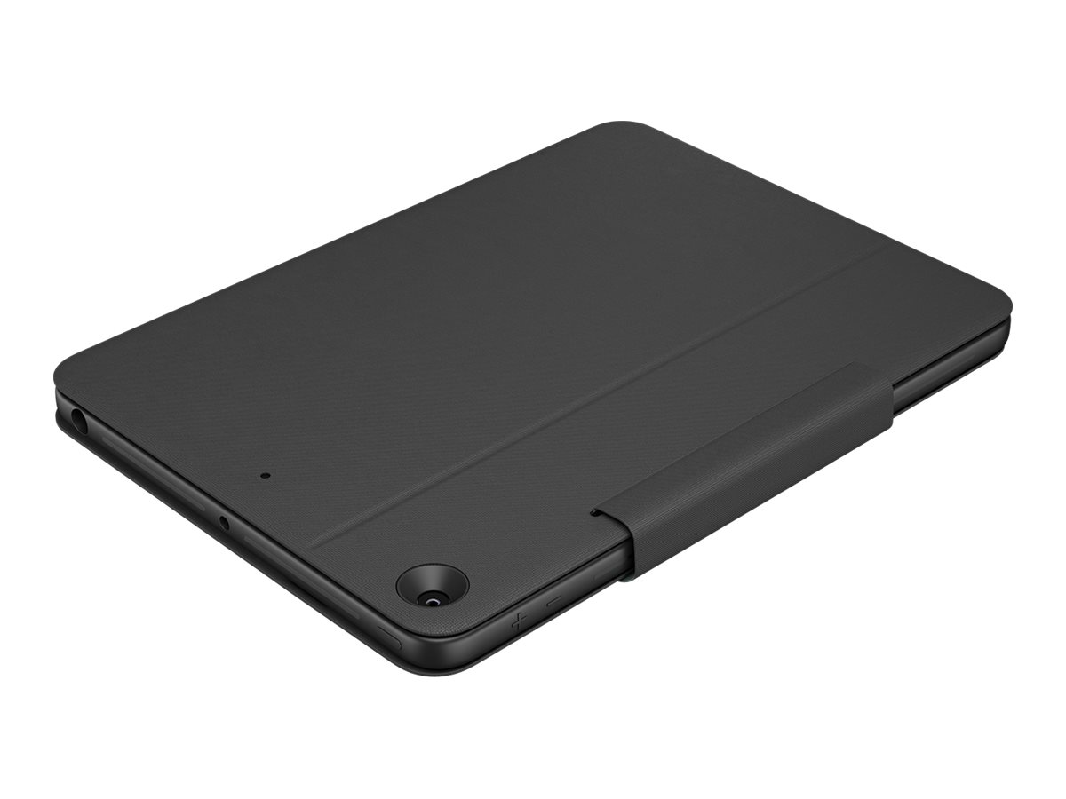 Schwarzes Tablet mit Hülle. Kamera und Ladeanschluss sind sichtbar.