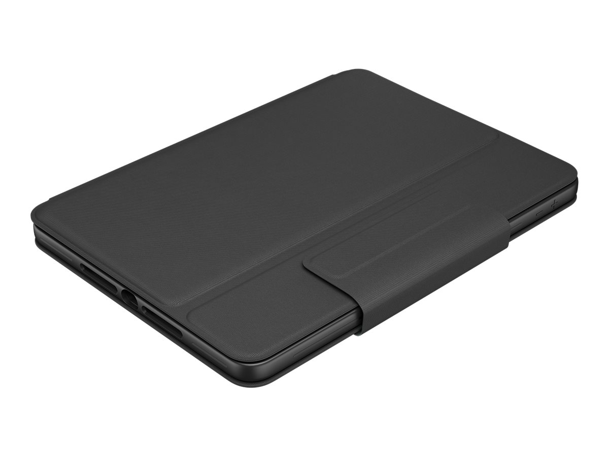 Schwarze Tablethülle geschlossen. Die Hülle hat einen Riemen zum Verschließen. Das Material ist glatt und schwarz.