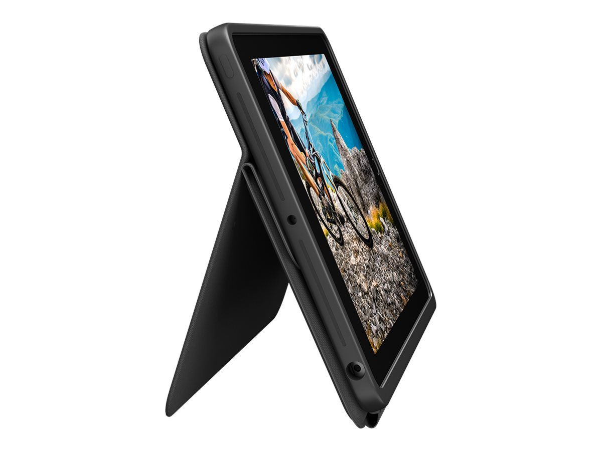Ein schwarzes Tablet in einer Ständerhülle, das ein Bild eines Radfahrers zeigt.