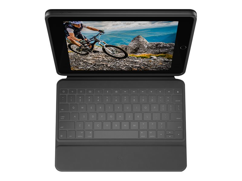 Schwarzes Tablet mit Tastatur. Bildschirm zeigt einen Biker auf einem Mountainbike. Weißer Hintergrund.