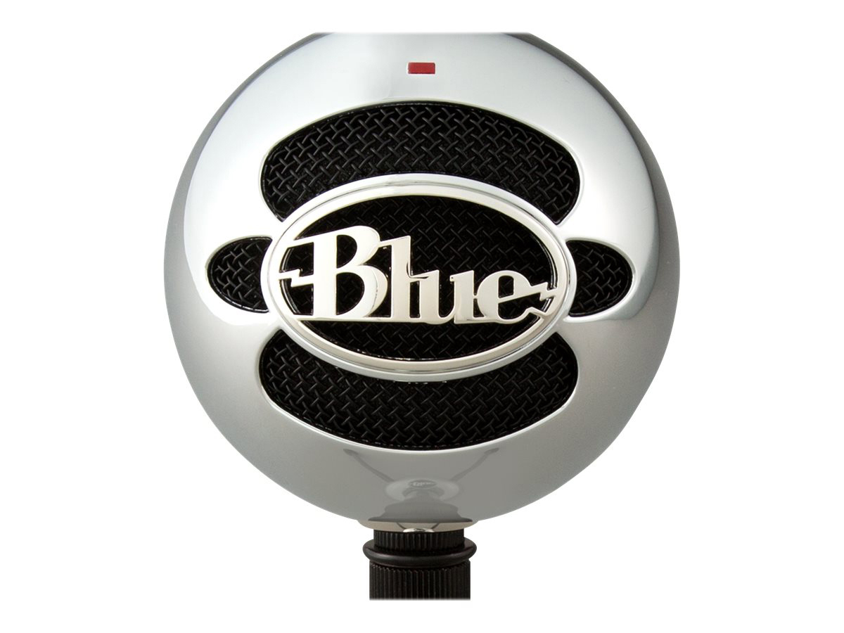 Ein silbernes Blue Yeti-Mikrofon mit schwarzem Netzbezug und dem weißen Wort "Blue".