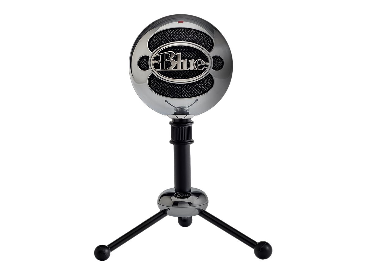 Silbernes Blue Yeti Mikrofon mit schwarzem Ständer und Stativfuß, auf weißem Hintergrund.