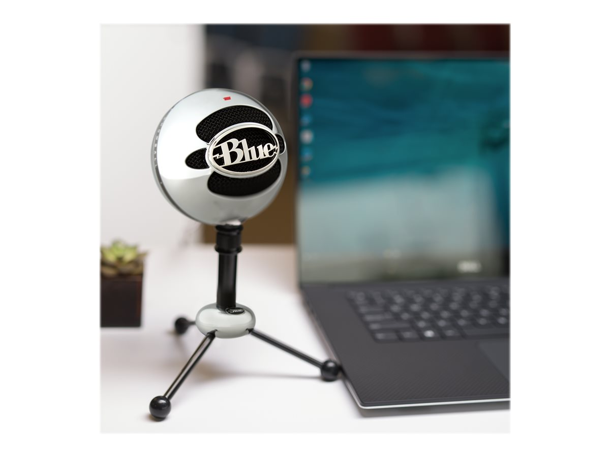 Silbernes Blue Yeti Mikrofon auf Ständer, vor Laptop. Pflanze links.