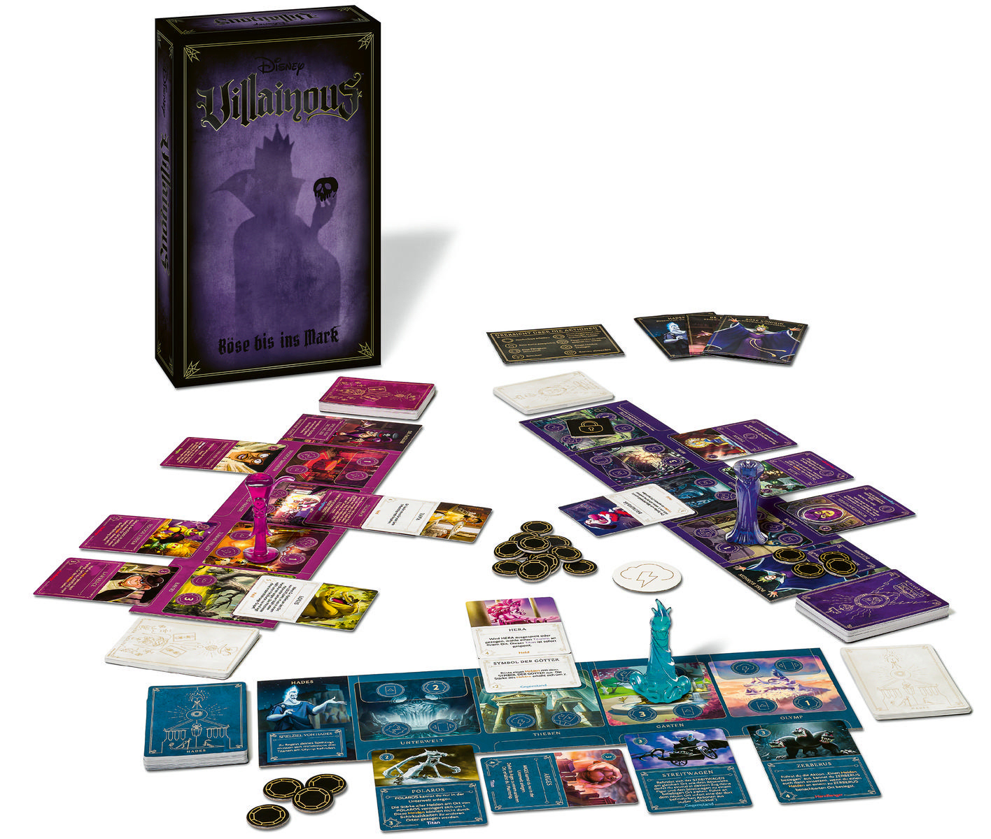 Disney Villainous Brettspiel-Setup mit verschiedenen Karten, Spielsteinen und Spielbrettkomponenten.