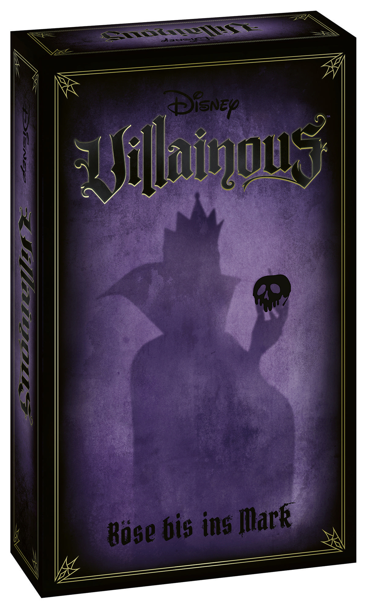 Disney Villainous Spielbox: schwarz mit lila, Schatten eines Schurken mit Totenkopf.