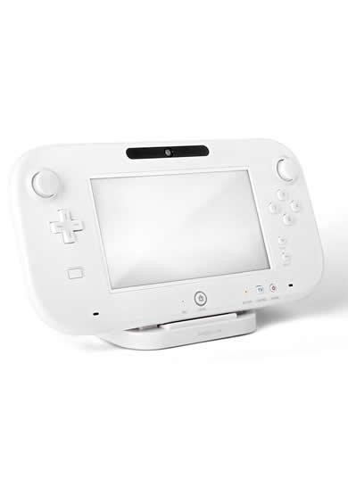 A white Nintendo Wii U GamePad rests on its charging cradle.