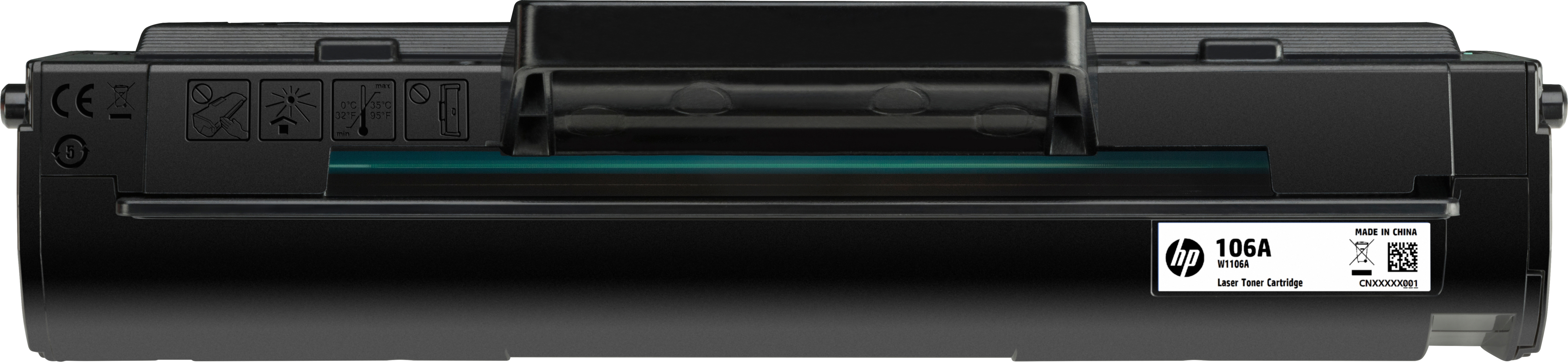 Die Unterseite einer schwarzen HP 106A Laser-Tonerkartusche mit Text und Symbolen.
