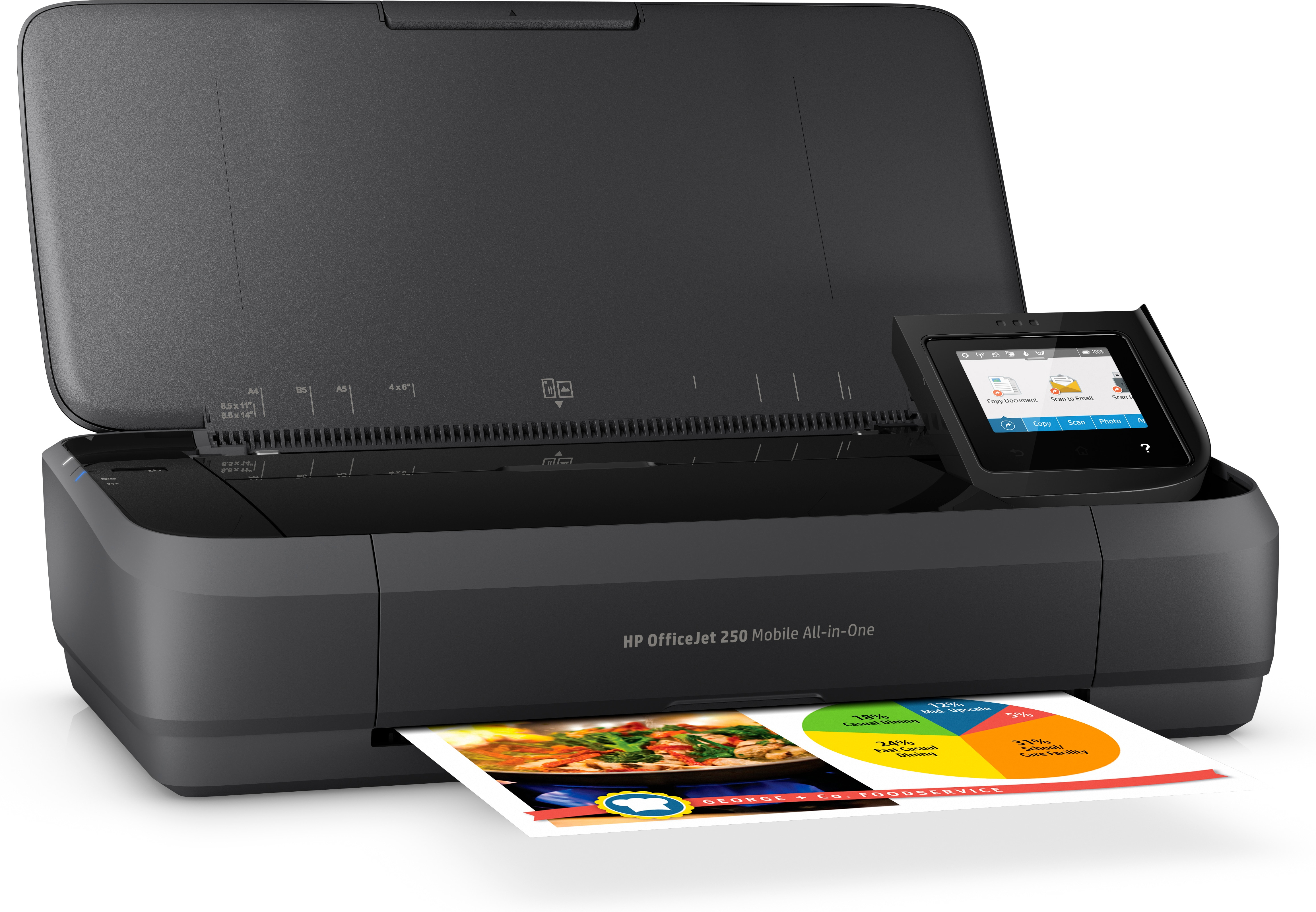 Ein schwarzer HP OfficeJet 250 Mobile All-in-One-Drucker, der ein farbenfrohes Dokument druckt.