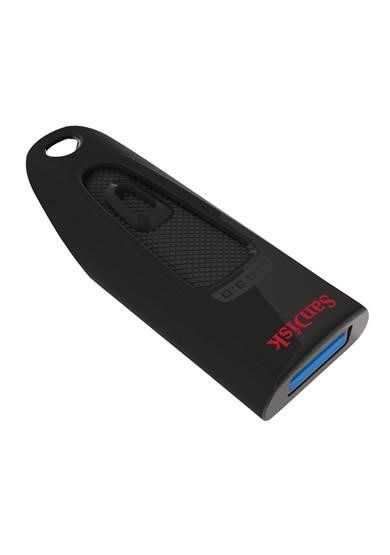 Black SanDisk USB 3.0 flash drive, with red logo and blue USB port.