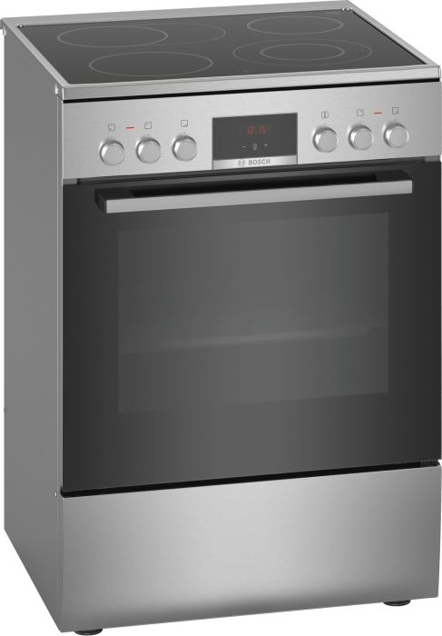 Ein Edelstahlbackofen mit vier Kochfeldern, einer Digitaluhr und einer Glastür.