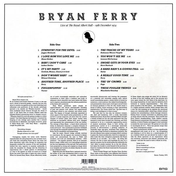 Une pochette d'album vinyle pour Bryan Ferry. Elle contient du texte et une photo en noir et blanc.