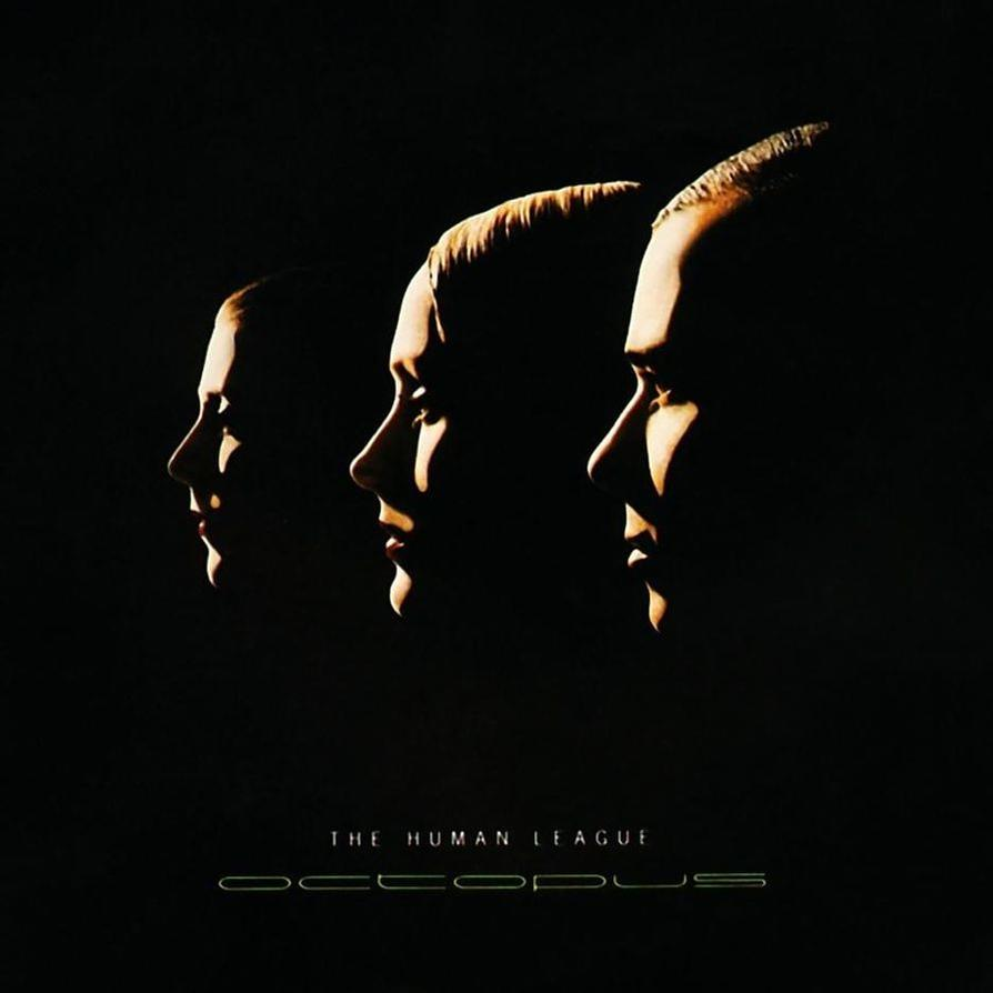 Albumcover, The Human League, drei Gesichter im Profil, dunkler Hintergrund.