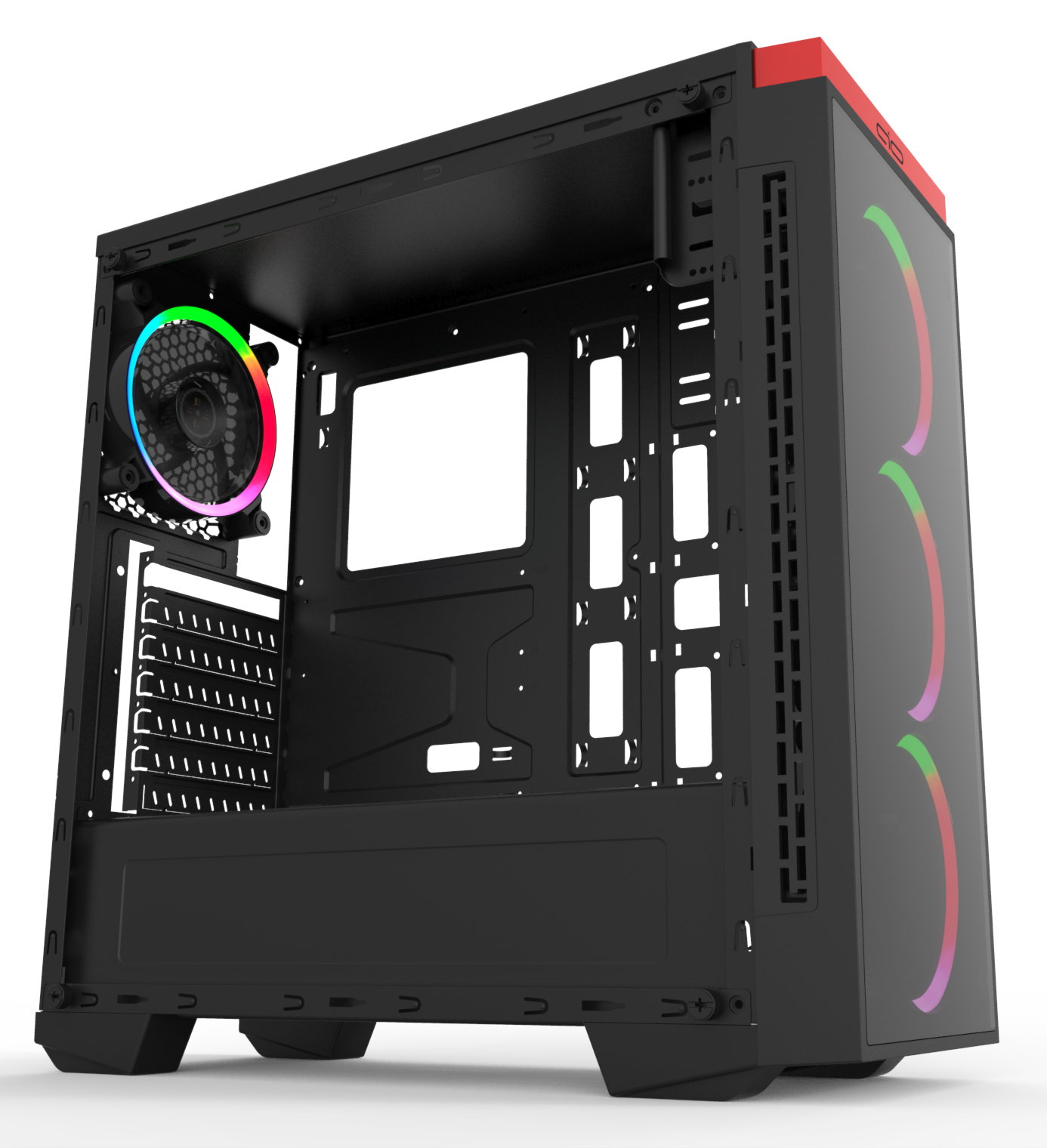 Fekete számítógépház piros tetővel, üveg oldallal és RGB ventilátorral. Belső látható rögzítési pontokkal. Fehér háttér.