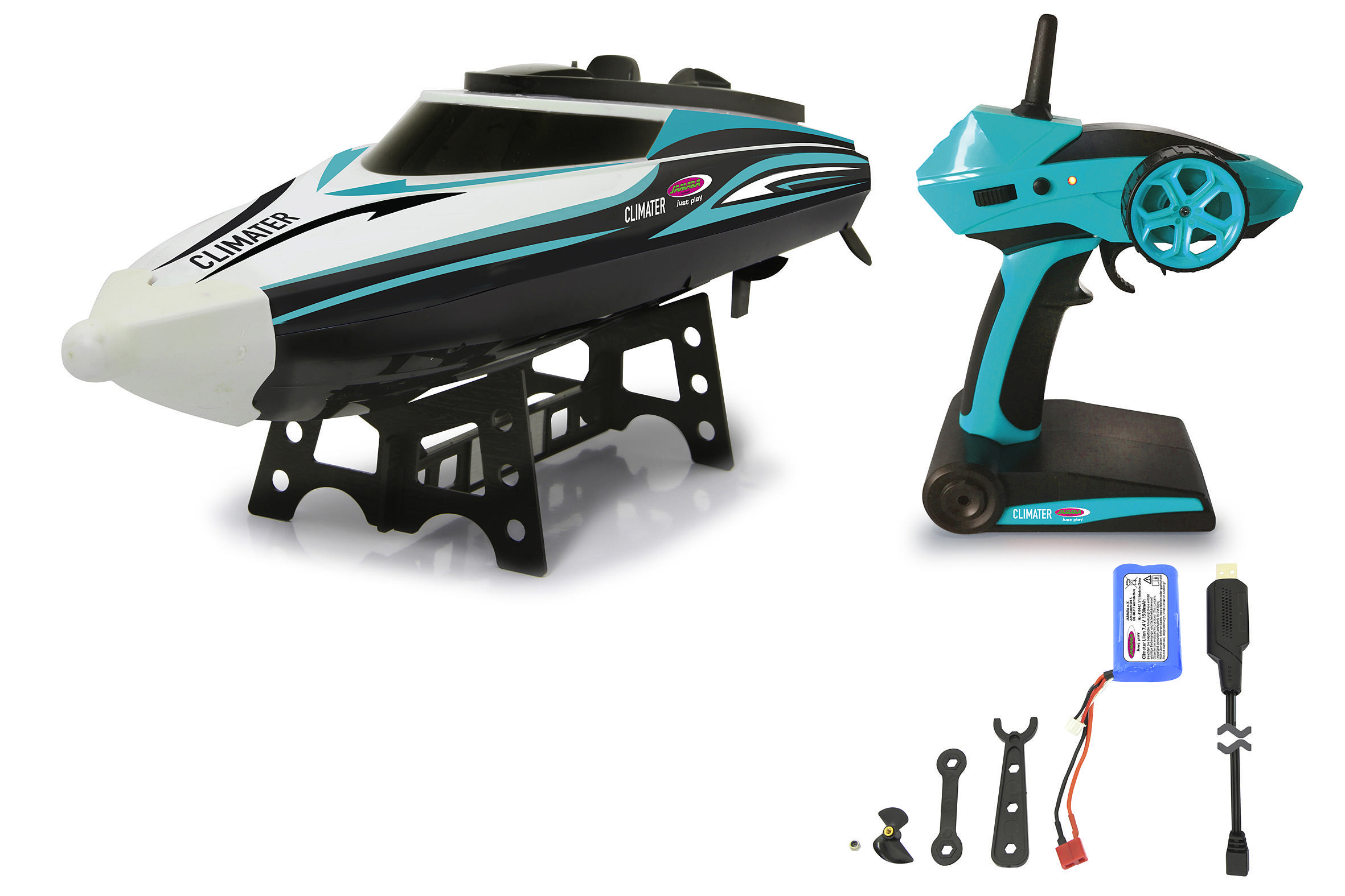 JAMARA Climater Speedboot Li-Ion 7,4V 2,4GHz Modellfahrzeug, Türkis/Weiss/Schwarz