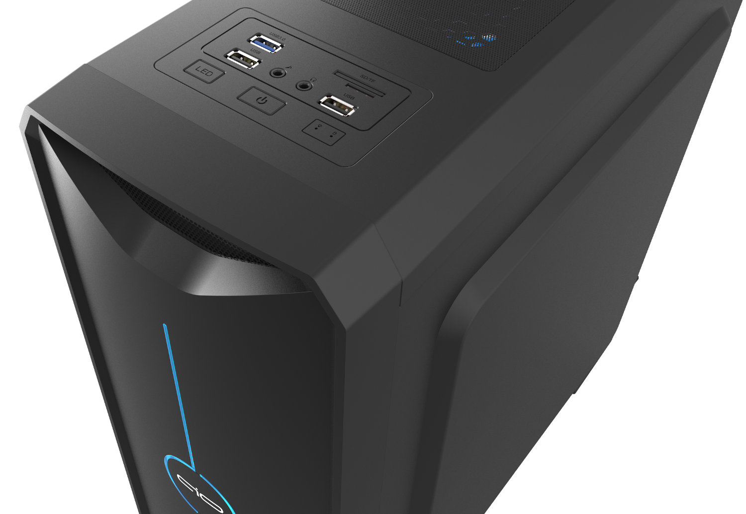 Egy fekete számítógépház közeli képe, USB portokkal és bekapcsológombbal.