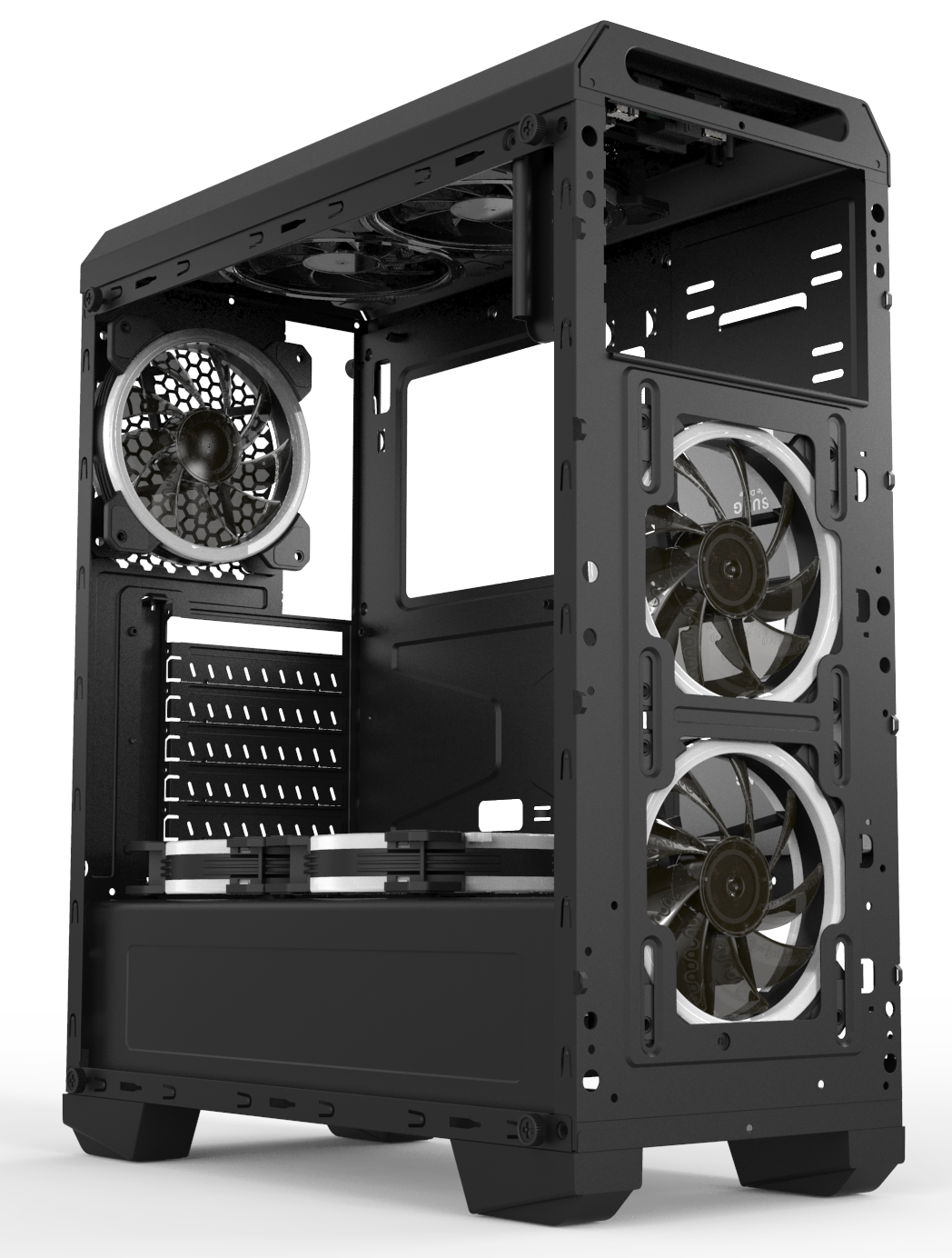 Fekete PC-ház ventilátorokkal és nyitott oldallappal.