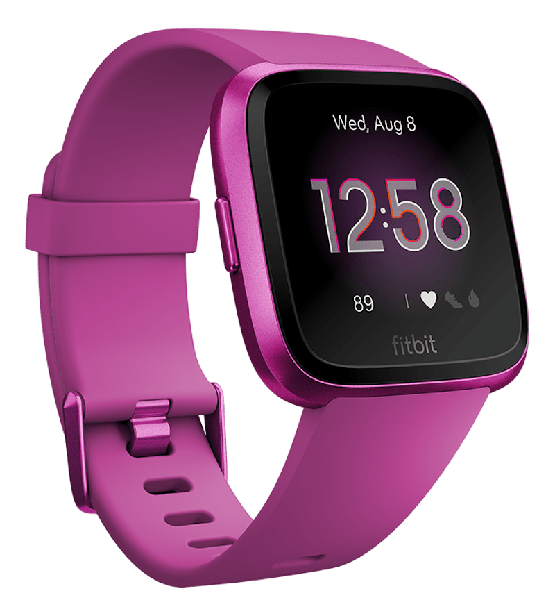 Pinke Fitbit Versa 2 Smartwatch mit Uhrzeit 12:58, Herzfrequenz und Aktivitätstracking.