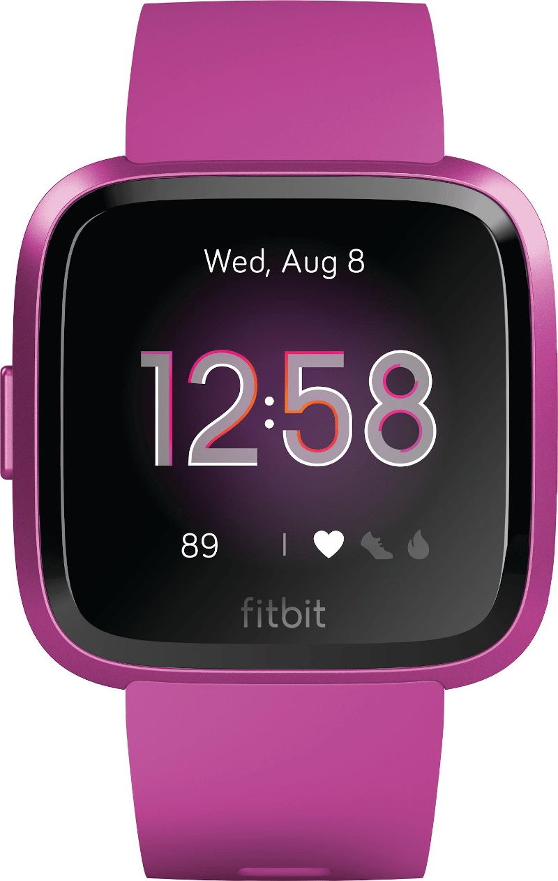Rosa Fitbit-Smartwatch mit Anzeige von Uhrzeit, Schritten und Herzfrequenz.