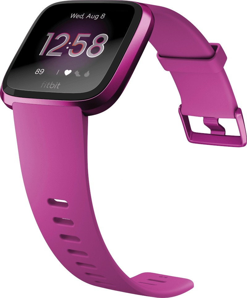 Pinke Fitbit Versa 2 Smartwatch auf weißem Hintergrund, zeigt Zeit und Statistiken.