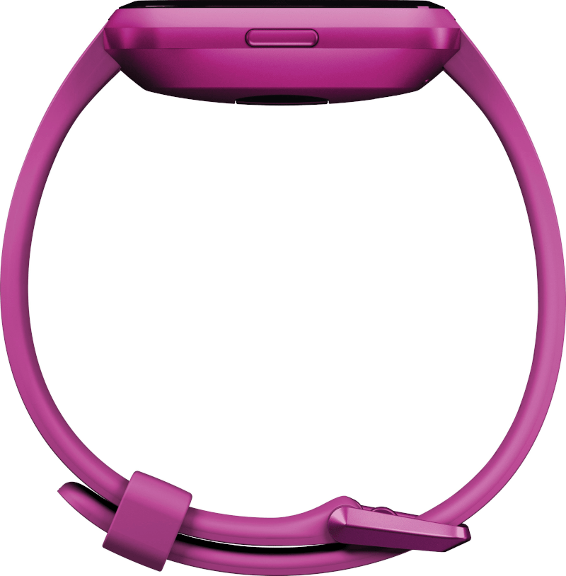 Seitenansicht einer pinkfarbenen Smartwatch mit pinkfarbenem Armband, mit Zifferblatt und Verschluss.