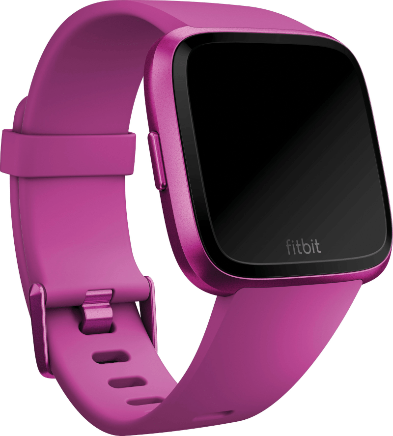 Eine pinkfarbene Fitbit Smartwatch. Die Uhr hat einen schwarzen Bildschirm und ein pinkfarbenes Armband.