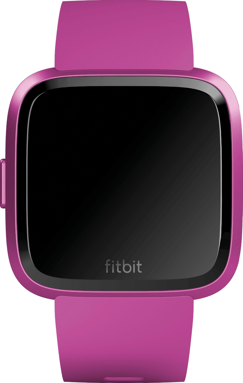 Pinke Fitbit Versa Smartwatch mit schwarzem Bildschirm und pinken Armbändern.