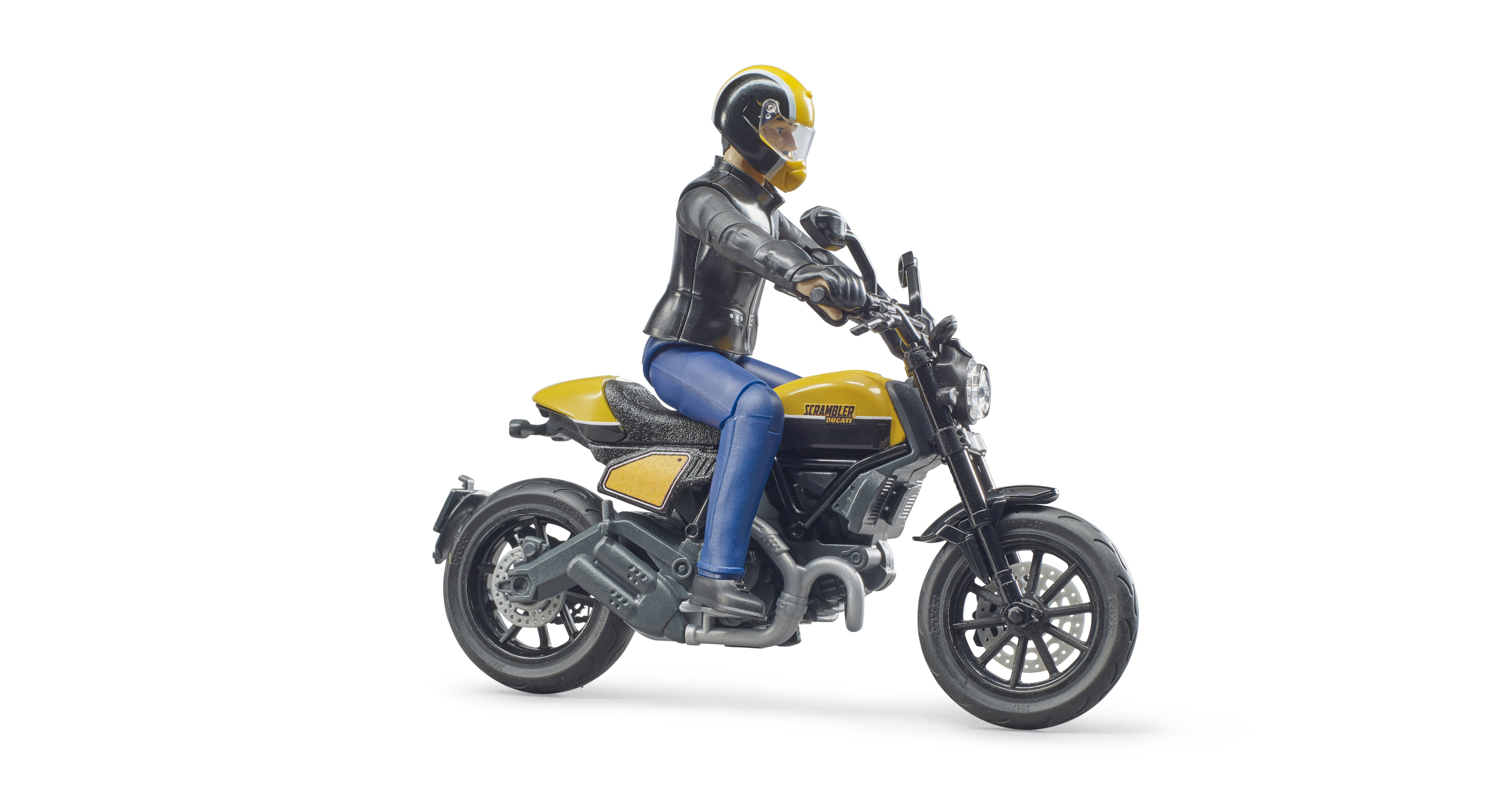 Ein Spielzeugmotorrad mit Fahrer und Helm. Das Motorrad ist gelb und schwarz. Der Fahrer trägt eine schwarze Jacke und blaue Hose.