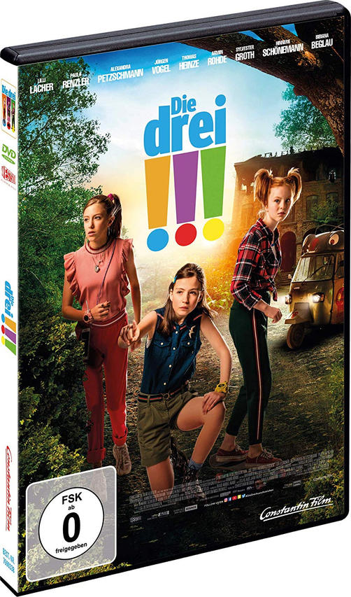 Eine DVD-Hülle mit dem Filmtitel 'Die Drei !!!' auf dem Cover, mit drei Mädchen.