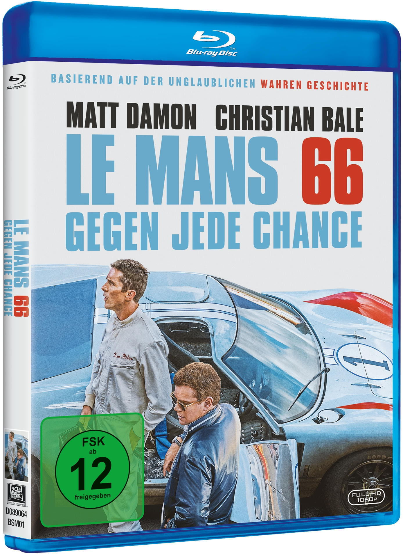 Blu-ray-Hülle für „Le Mans 66“. Zeigt zwei Männer vor einem Rennwagen. Die Hülle ist blau mit weißem Text.