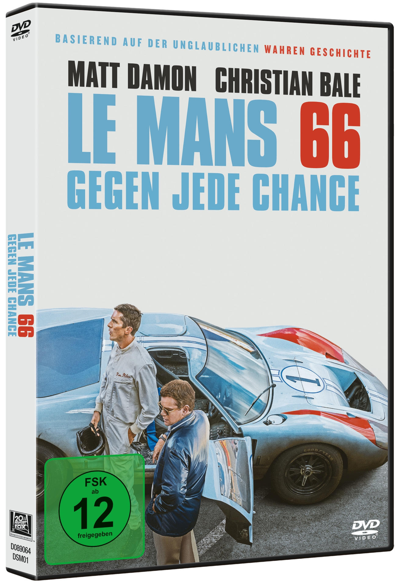 DVD-Cover von Le Mans 66 mit Matt Damon und Christian Bale, ein Auto im Hintergrund.