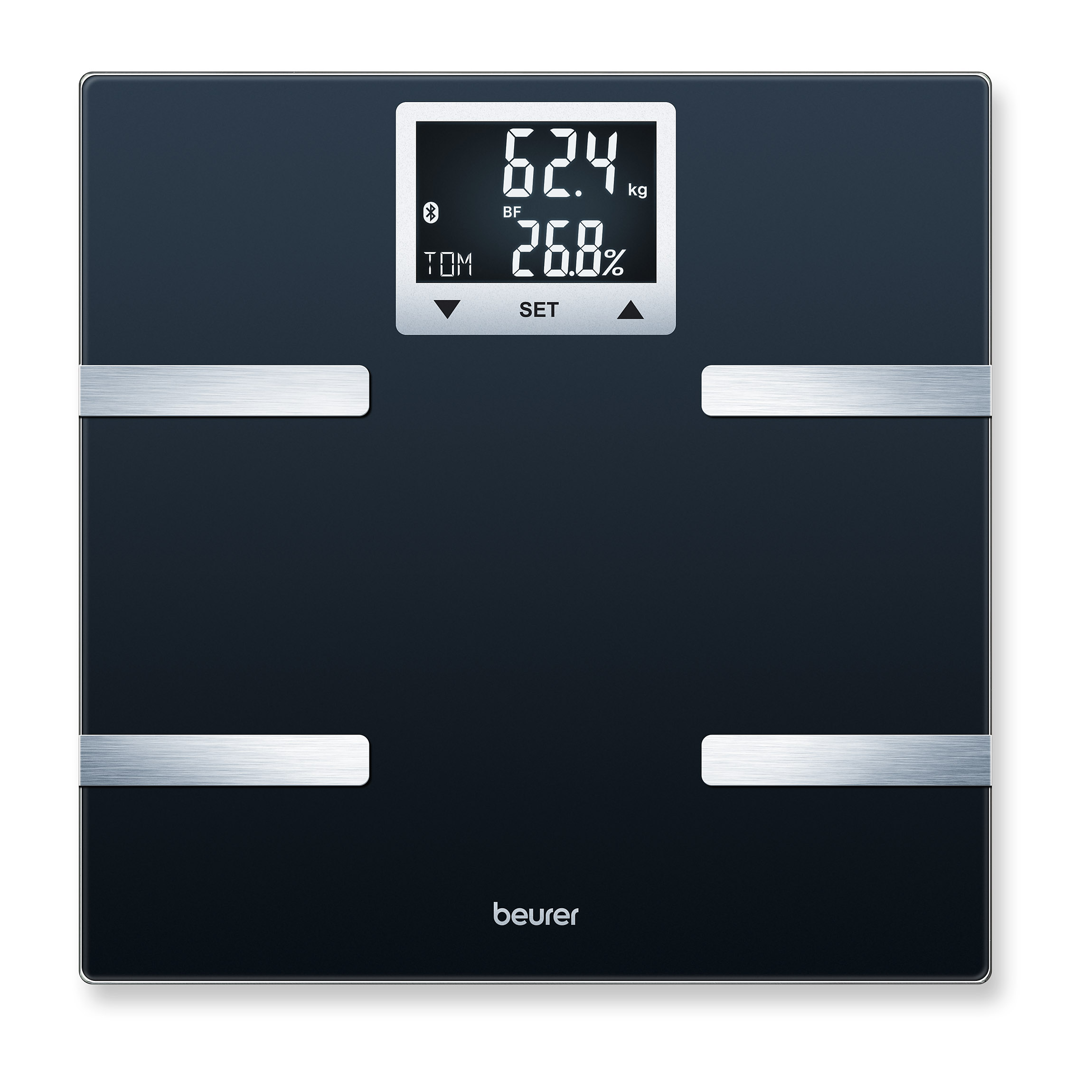 Schwarze digitale Körperwaage mit Anzeige von Gewicht und Körperfettanteil.