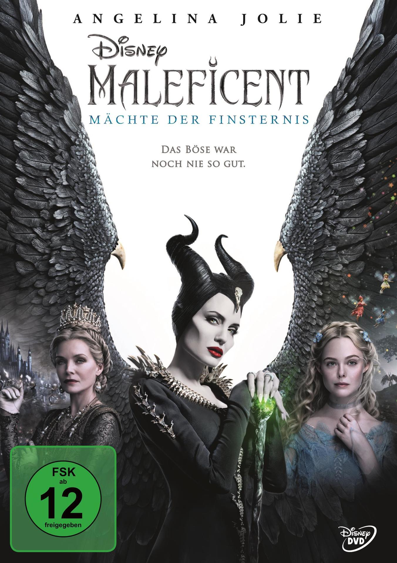 Maleficent Filmplakat. Zeigt Angelina Jolie und zwei weitere. Schwarze Flügel im Hintergrund.