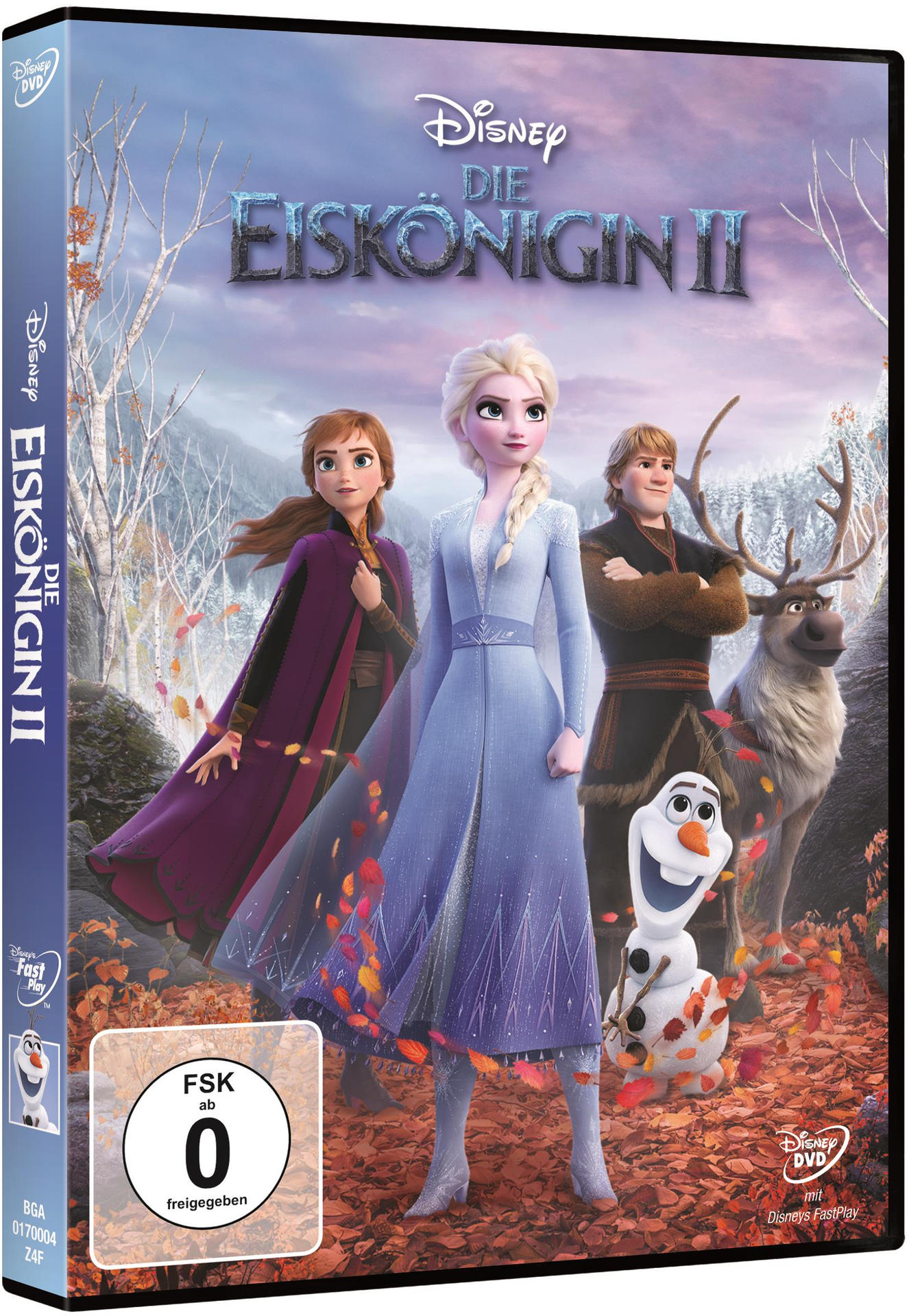 DVD-Cover von Frozen 2. Elsa, Anna, Kristoff, Olaf und ein Rentier stehen in einer Waldkulisse.