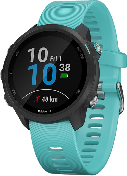 Garmin futóóra, fekete tok és türkizkék szíj, időt, dátumot, akkumulátort és távolságot mutat. A képernyő 10:10, Pén 1, 38 és 48 km-t jelenít meg.