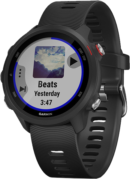 Fekete Garmin óra, melyen a 'Beats Yesterday 3:47' látható. Az órán gombok és fekete szíj van. A képernyőn egy tájkép látható.