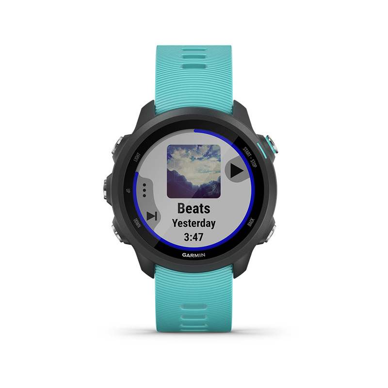 Egy fekete Garmin óra türkizkék szíjjal zenét jelenít meg: 'Beats Yesterday 3:47'. Az óra egy lejátszás gombot mutat.