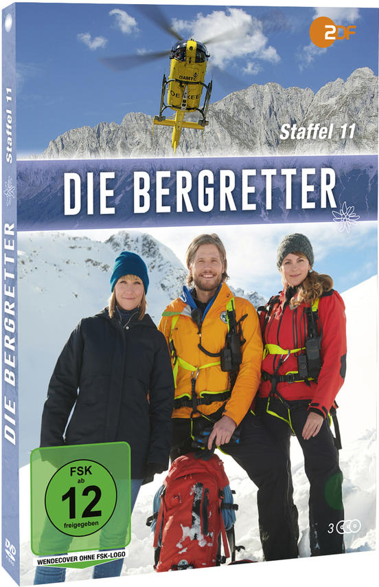 DVD-Cover von Die Bergretter, mit drei Personen in Winterszene und einem Hubschrauber.