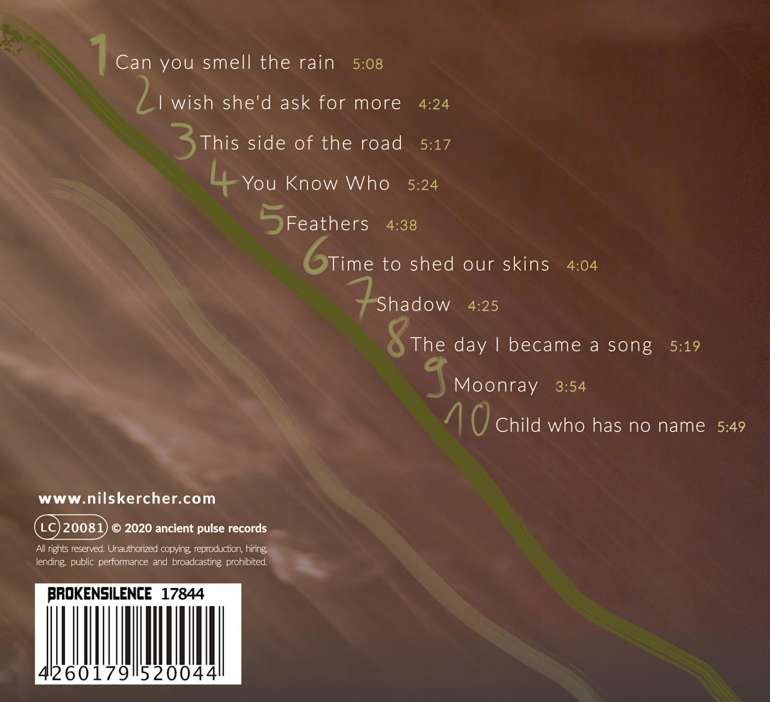 Ein CD-Cover mit Trackliste und grünem Design.