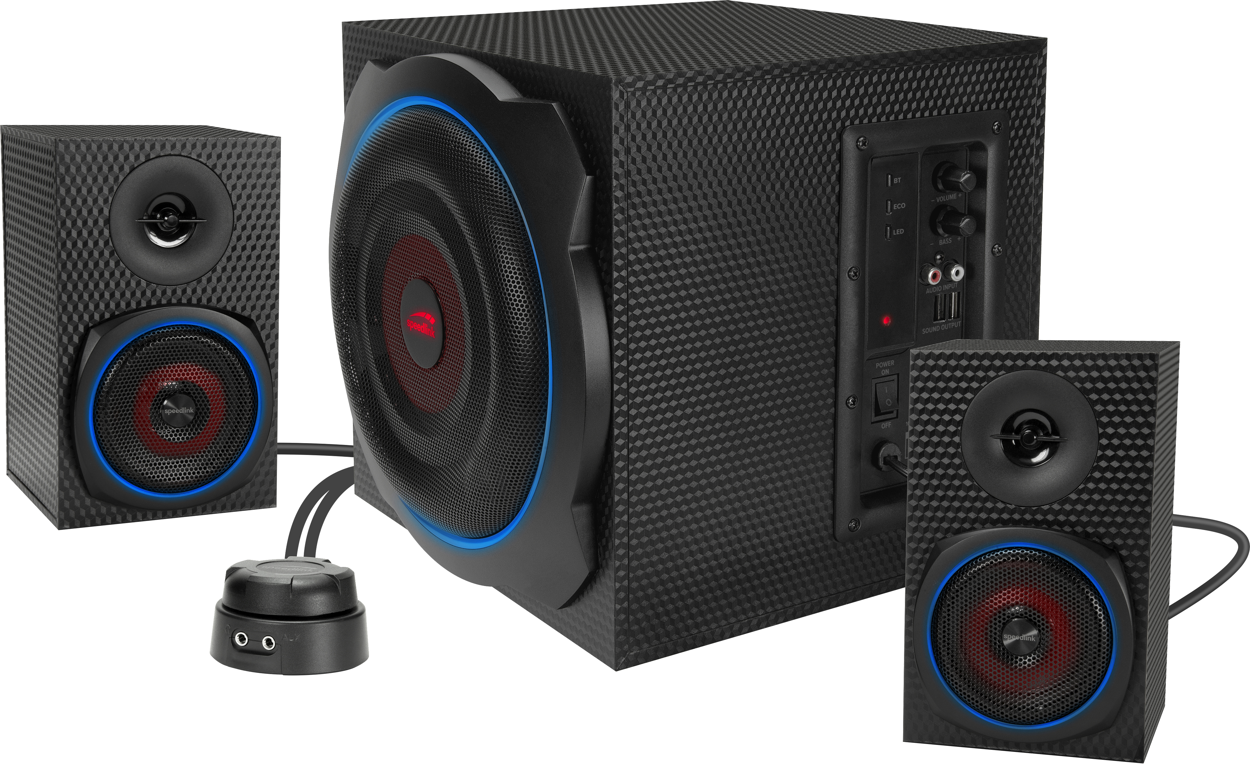 Schwarzes Lautsprechersystem mit Subwoofer, zwei Satelliten und Bedienelementen.