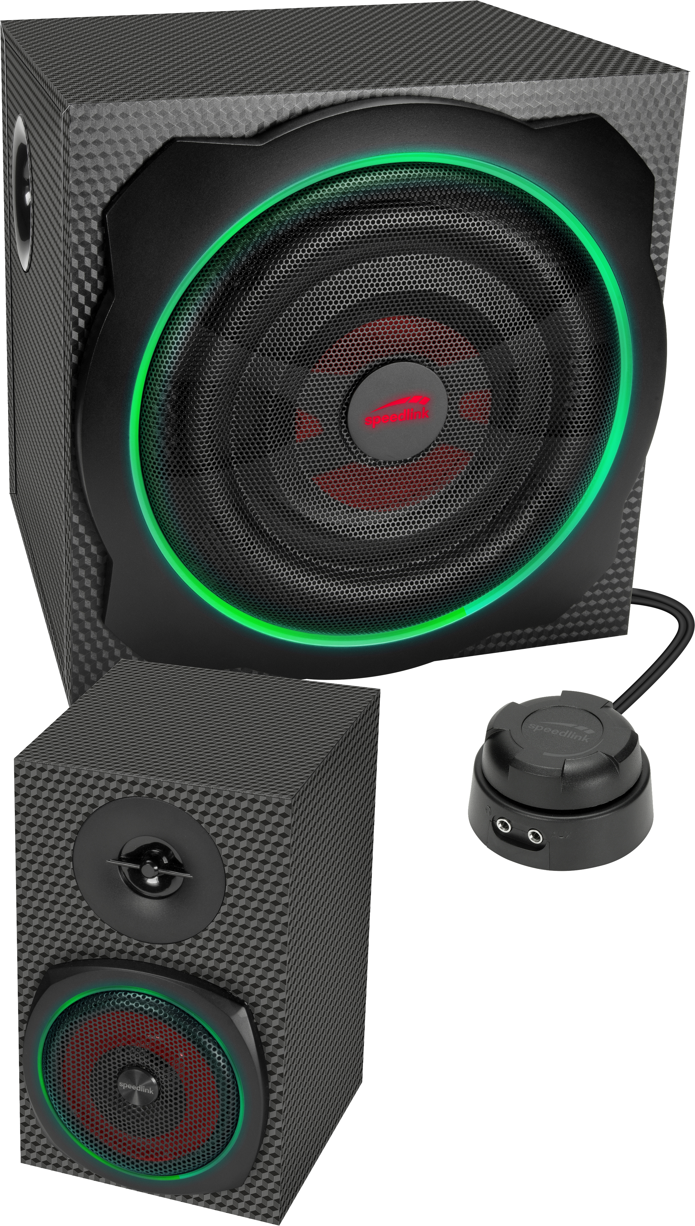 Schwarzes Lautsprecherset mit Subwoofer und kleinerem Satellitenlautsprecher, mit grüner Beleuchtung.