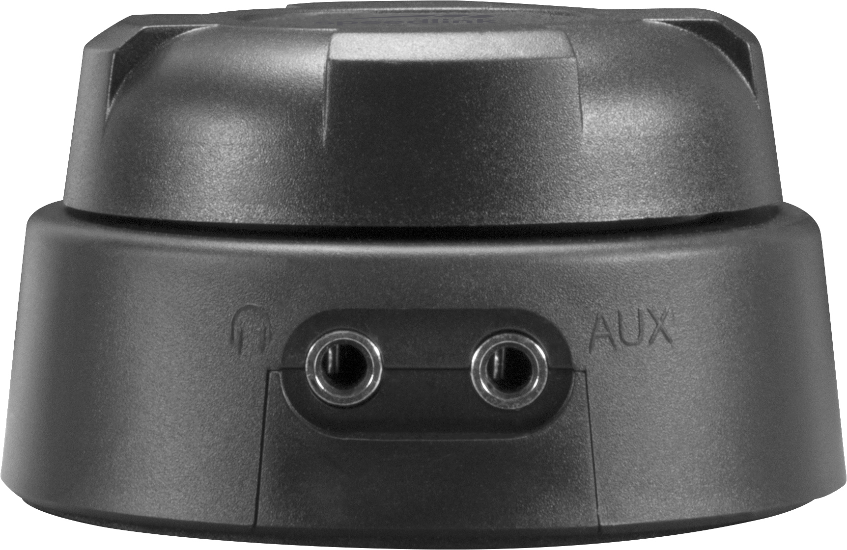 Schwarzes Audiogerät mit Kopfhörer- und Aux-Eingängen, auf schwarzem Hintergrund.