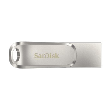 Silberner USB-Stick mit 'Sandisk' Aufdruck und einem Loch an einem Ende.