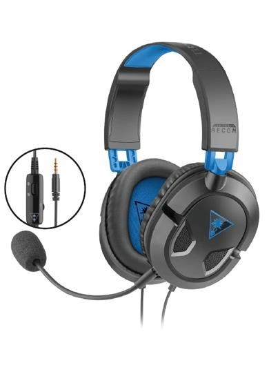 Hoofdtelefoon, zwart en blauw met microfoon en bediening, geïsoleerd op wit.