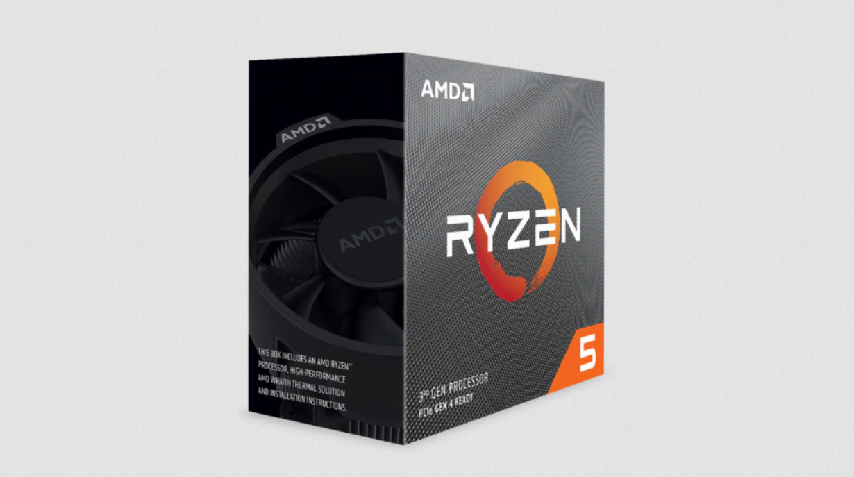 AMD Ryzen 5 Prozessorbox, mit einem Lüfter-Grafik auf der Seite und Ryzen-Logo.