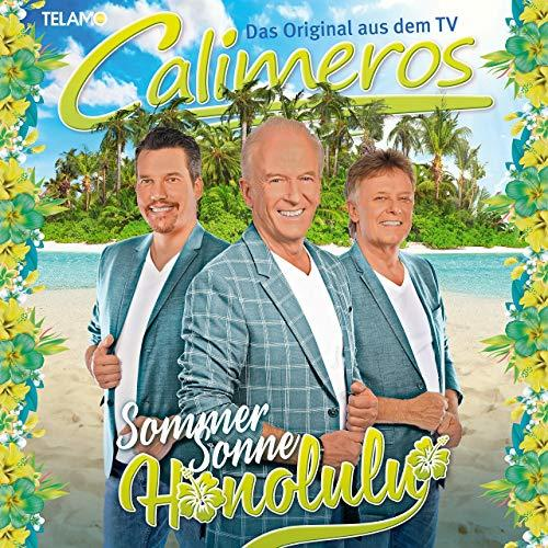 Albumcover mit drei Männern am Strand, Text: Sommer Sonne Honolulu, Calimeros.