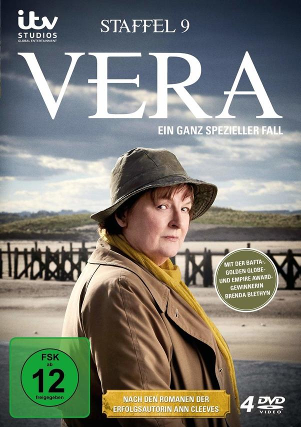Ein DVD-Cover für 'Vera' Staffel 9. Eine Frau in Mantel und Hut steht im Vordergrund.