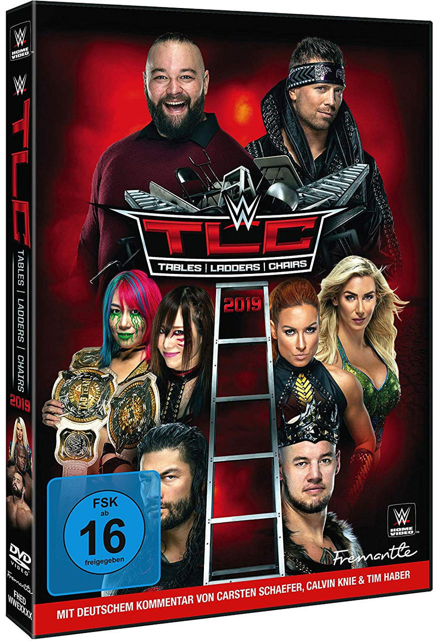 WWE TLC 2019 DVD-Cover mit Wrestlern und Event-Logo.