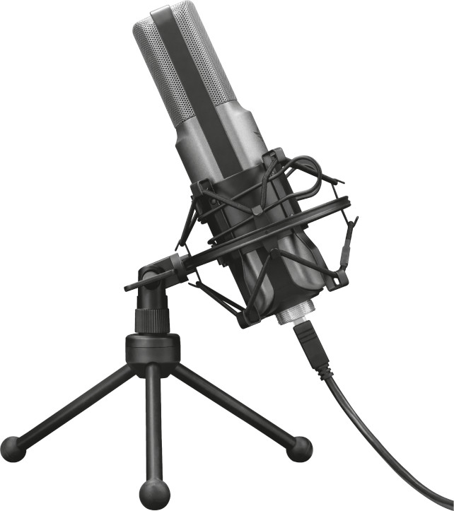 Un microphone Trust noir et argent sur un mini trépied, avec un câble USB connecté.