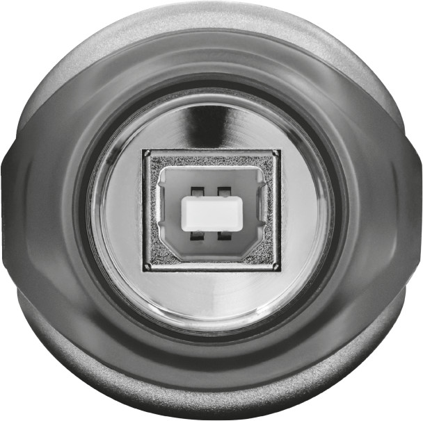 Gros plan d'un port USB. Boîtier argenté, connecteur interne blanc.